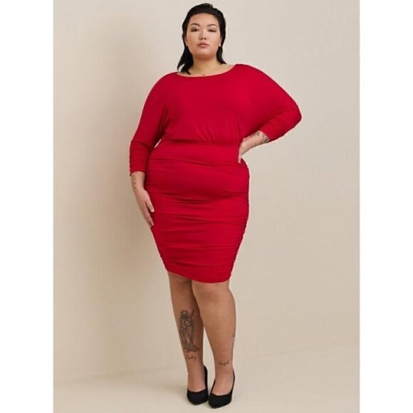 Women's Torrid Plus Size 4, 4X, 26 Studio Knit Shirred Vibrant Jester Red Dress - Picture 1 of 5